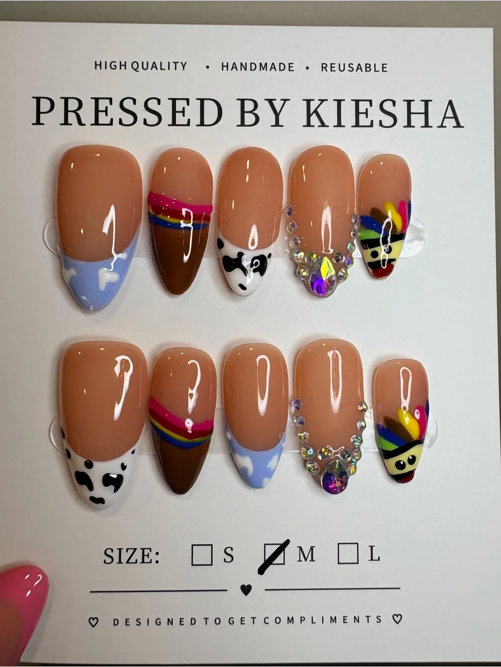 Press-On Nails – Colorful Cow Print & Rainbow Accents